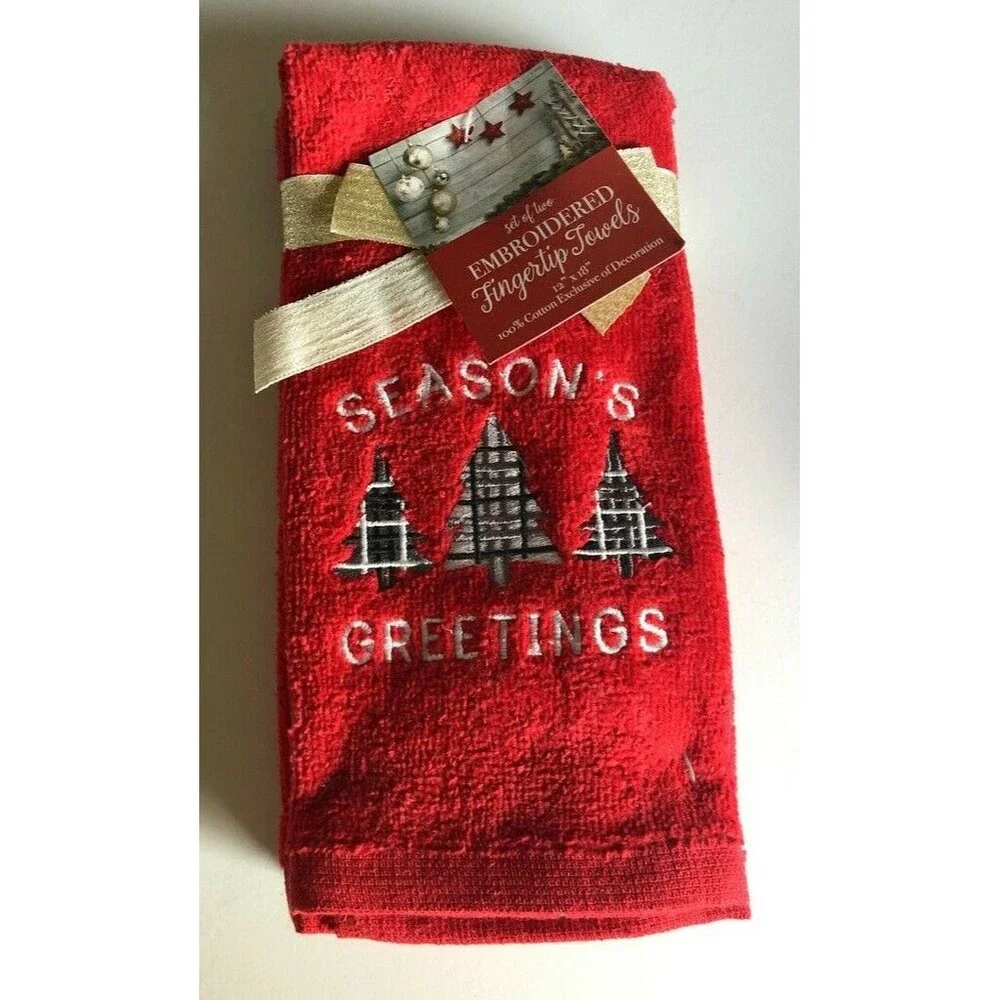 Christmas Fingertip Towels Seasons Greetings Embroidered Holiday Red Set of 2